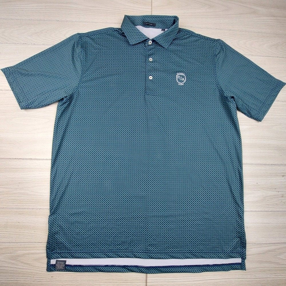 Turtleson Polo Shirt Mens XL Teal Green Geometric PGA National Resort Stretch - Picture 2 of 8